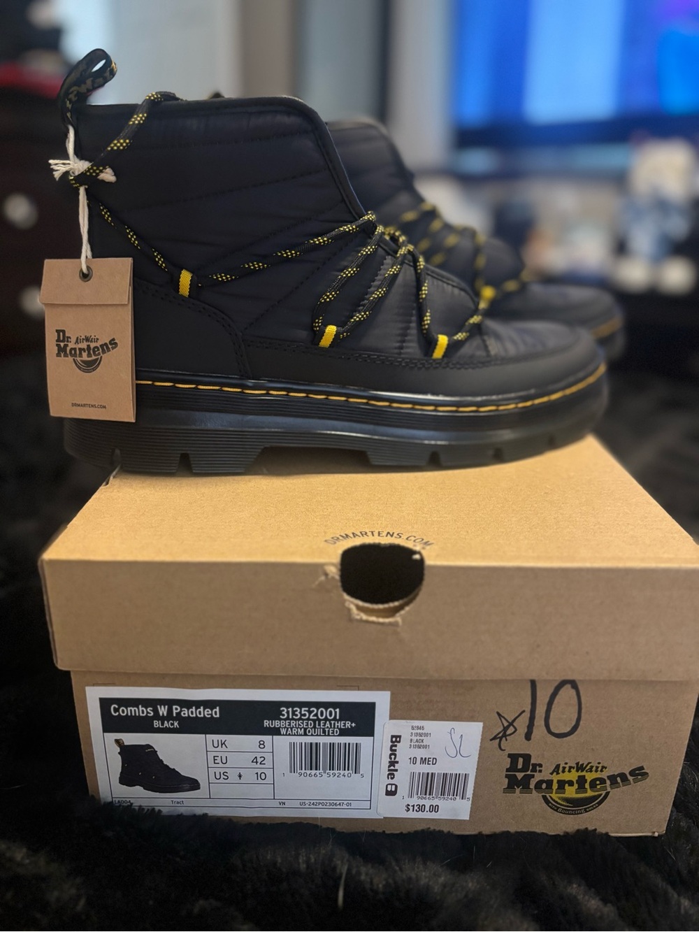 Dr. Martens Black Padded Ankle Boots with Yellow Accents